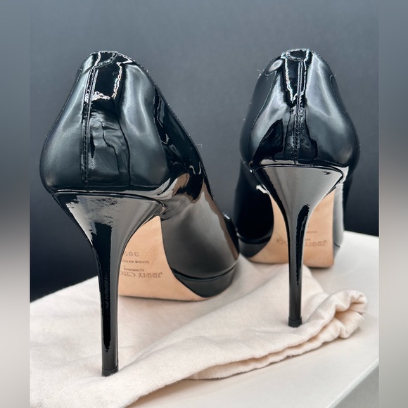 Jimmy Choo Classic Heels!! Luna Black Patent Leather Peep Toe 👠 - Picture 4 of 12